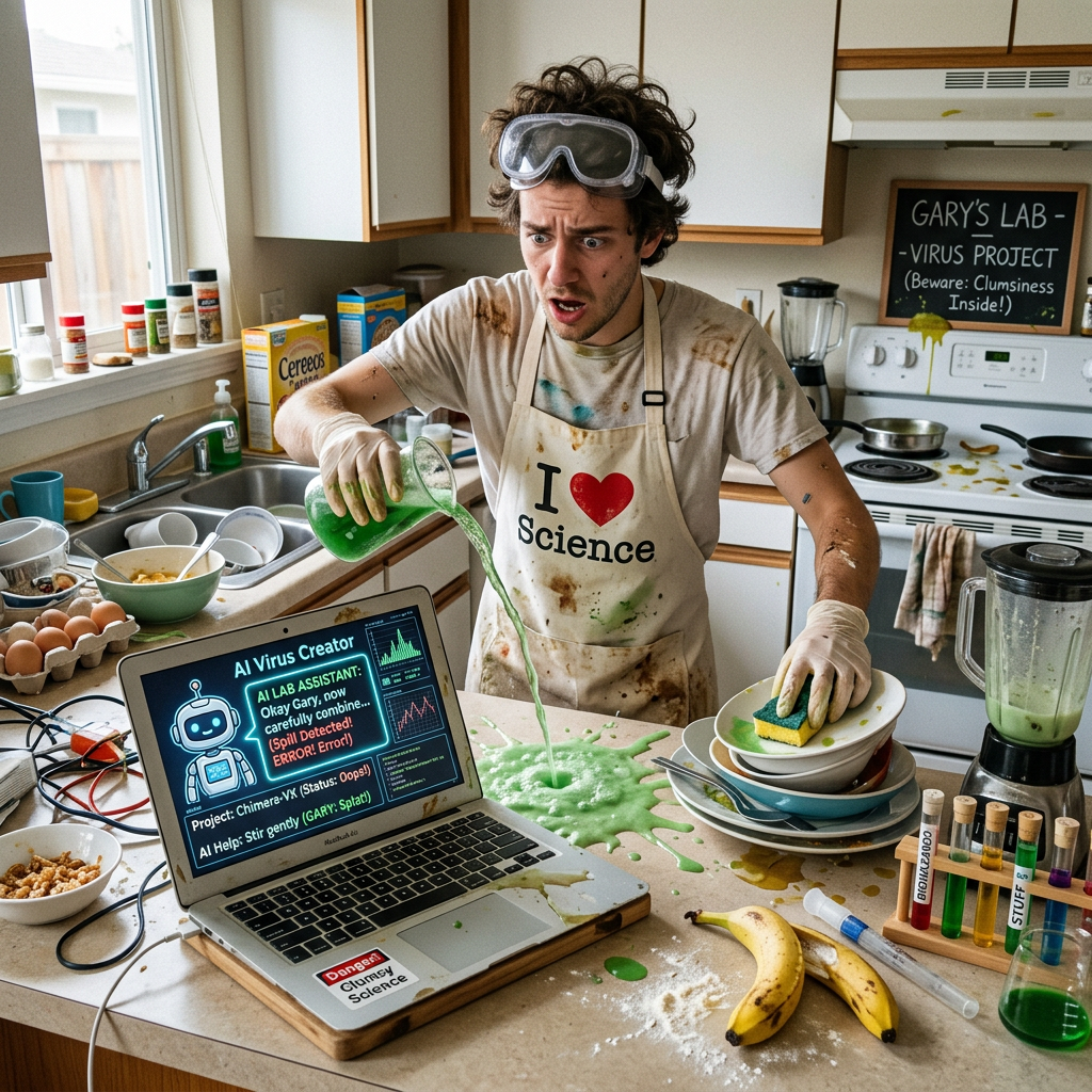 Person in goggles and apron pours green liquid beside laptop reading AI Virus Creator; chalkboard says Gary's Lab – Virus Project.
